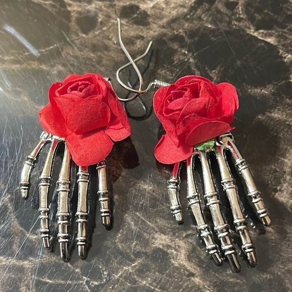 Silver Skeleton Rose Hand Halloween Earrings - Picture 3 of 9